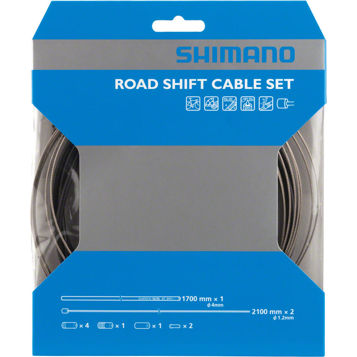 Shimano stainless shift cable and OT-SP41 housing set for bike gear shifting, showing cables and housing components.