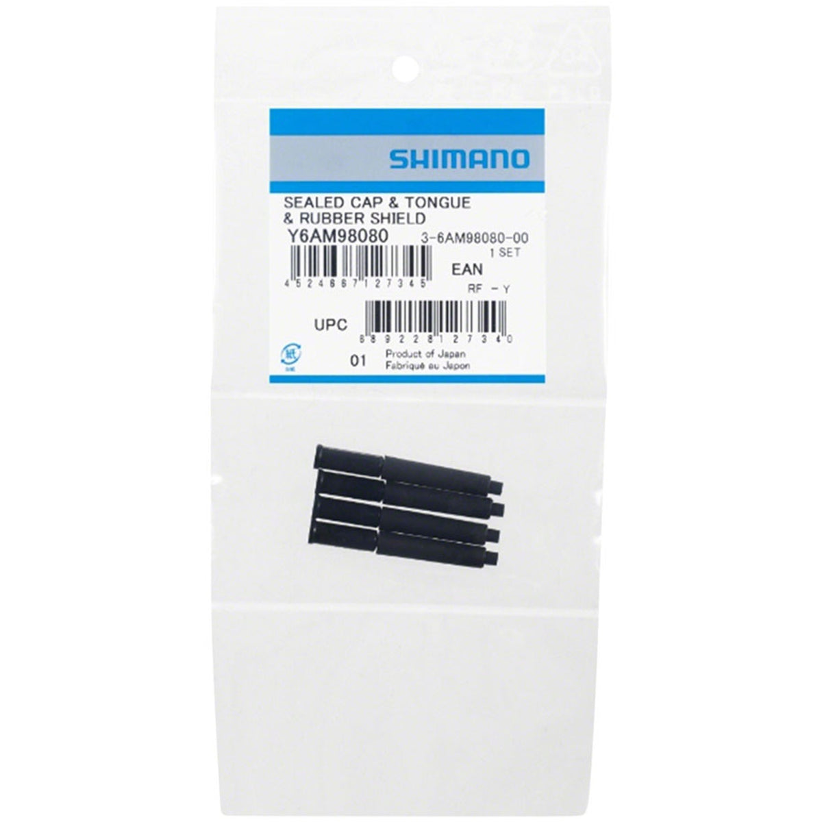 Shimano housing end caps for cable ends and ferrules, shown in black, used to secure and protect bicycle cable housing ends.