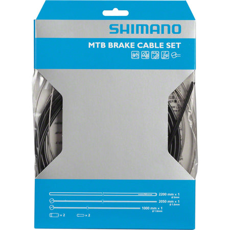 Shimano stainless road and MTB brake cable and housing set with black housing and silver cables for bike braking systems.