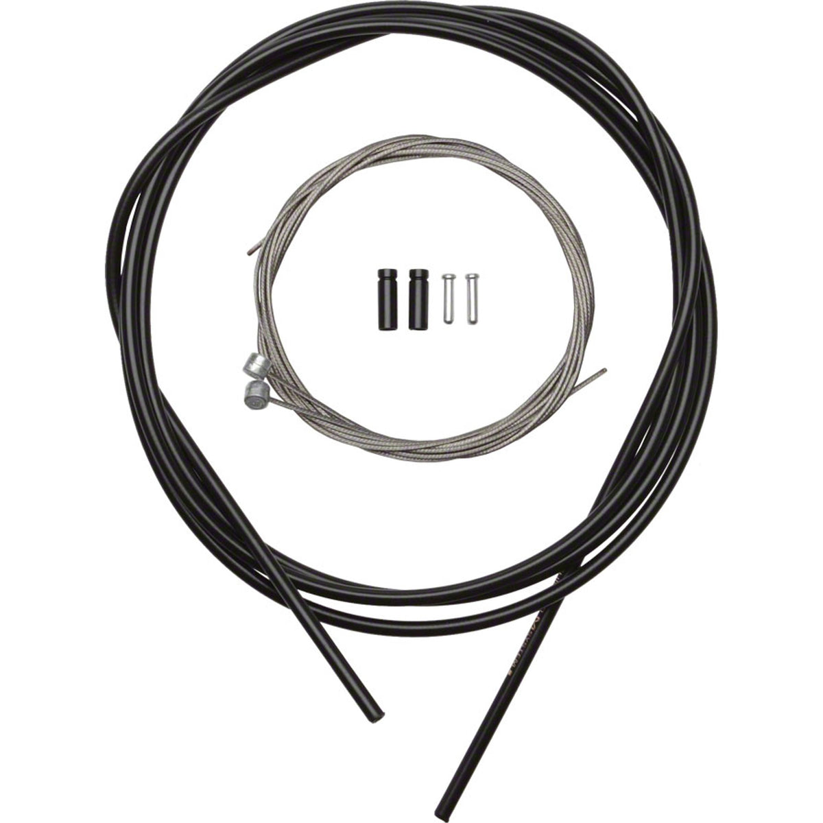 Shimano stainless road and MTB brake cable and housing set with silver cables and black housing for bicycle braking systems.