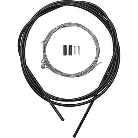Shimano stainless road and MTB brake cable and housing set with silver cables and black housing for bicycle braking systems.