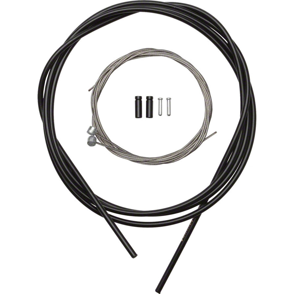 Shimano stainless road and MTB brake cable and housing set with silver cables and black housing for bicycle braking systems.