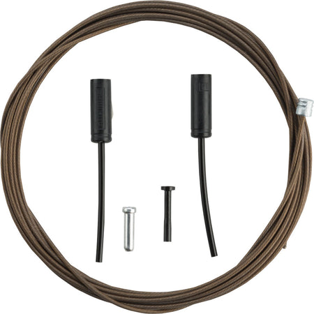 Shimano polymer-coated derailleur shift cables with housing, designed for smooth gear shifting on bicycles.