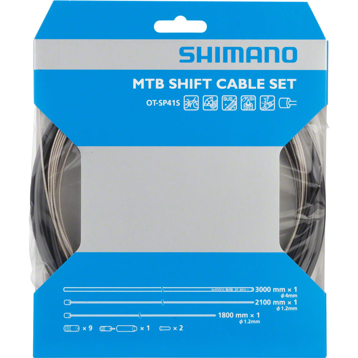 Shimano stainless shift cable and OT-SP41 housing set for bike gear shifting, featuring durable metal cables and housing components.