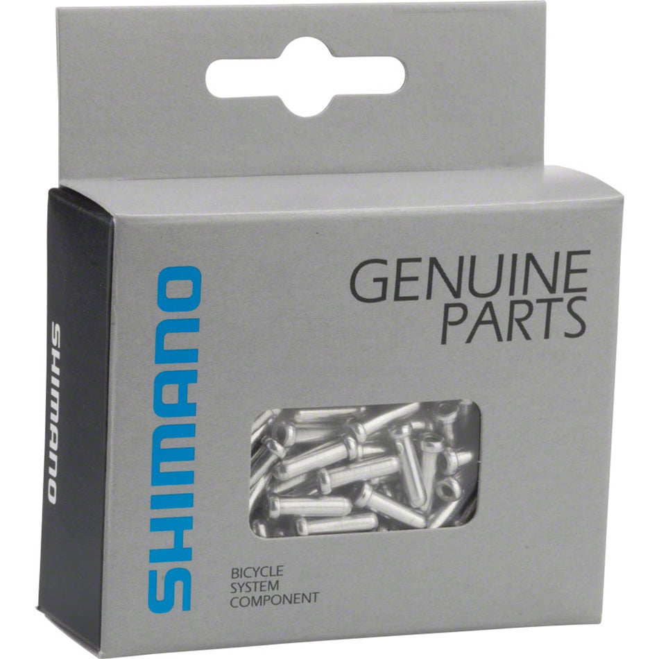 Shimano cable end crimps and ferrules for bicycle brake and gear cables, shown in a close-up image.
