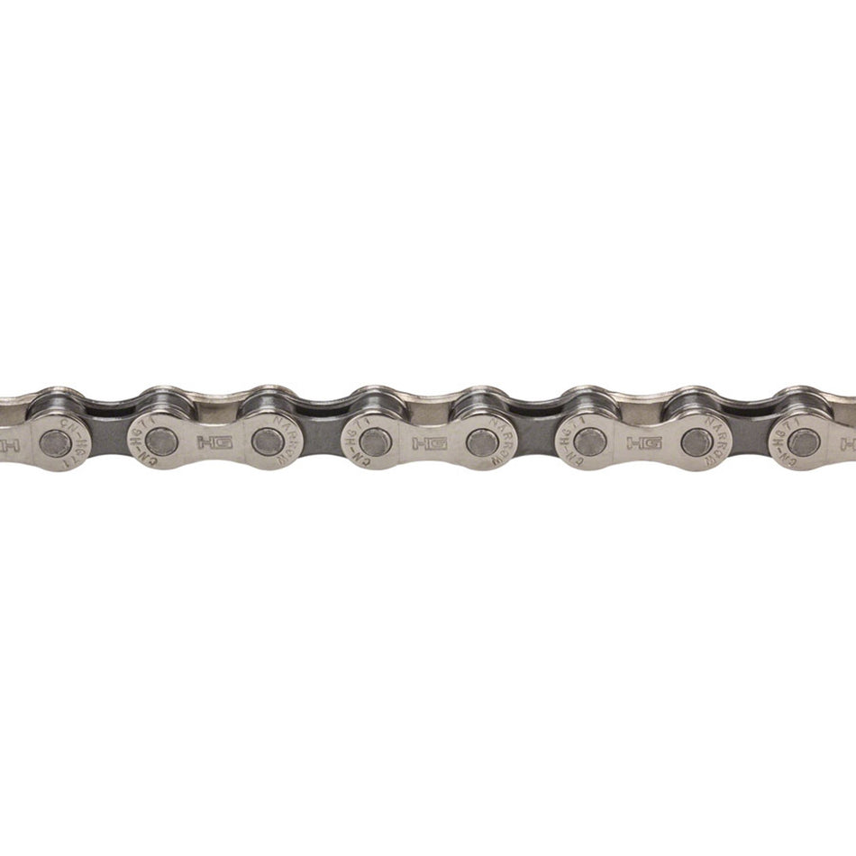 Shimano CN-HG71 6/7/8-speed bike chain showing silver metal links, designed for smooth shifting and durability.
