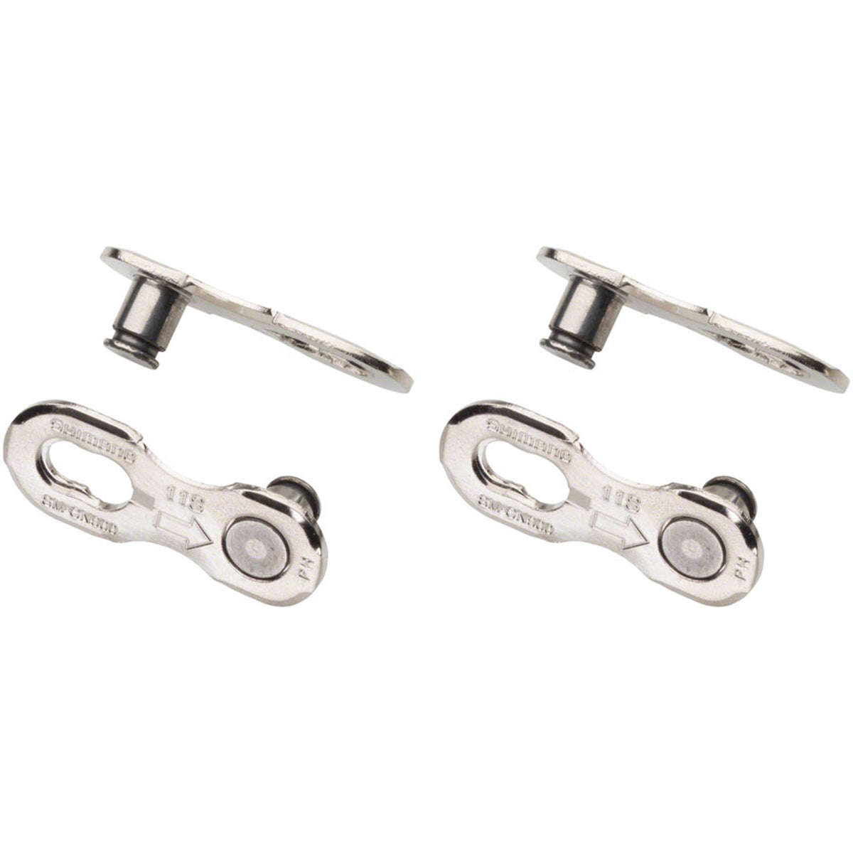 Shimano chain links and pins for bicycle chains, showing metal links and pins on a clean background.