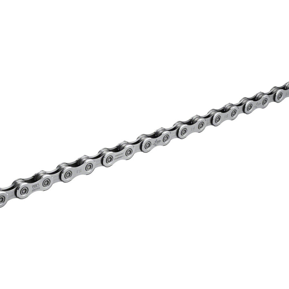 Shimano CN-LG500 Link Glide Chain, durable bike chain with silver finish, shown in close-up with detailed links.