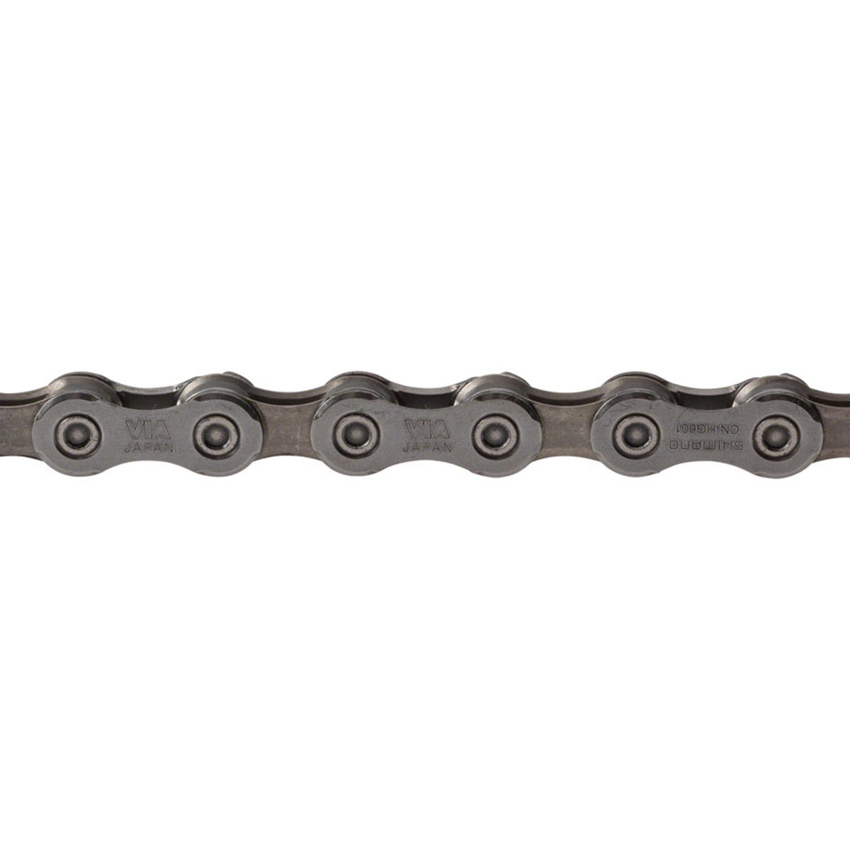Shimano CN-HG601 chain for bicycles, close-up view showing metal links and construction, suitable for mountain and road bikes.