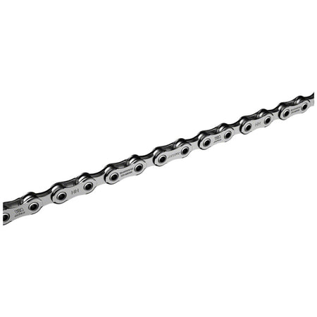 Shimano XTR CN-M9100 mountain bike chain with silver links and black connecting pins, designed for durability and performance.