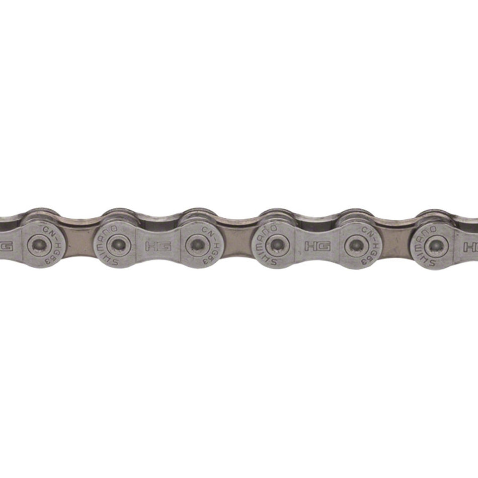 Shimano CN-HG53 9-speed bike chain shown on a white background, highlighting durability and compatibility with 9-speed gear systems.