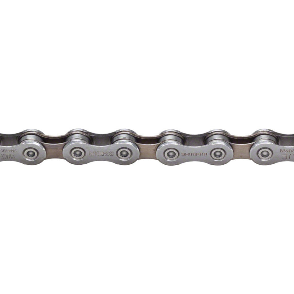 Shimano Deore CN-HG54 10-speed bike chain with silver links and black outer plates, designed for mountain and road bikes.