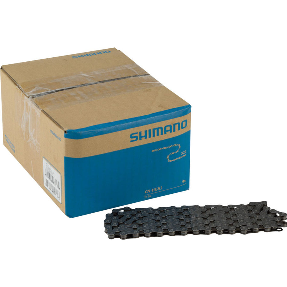 Shimano CN-HG53 9-speed Hyperglide bike chain with silver metal links and black outer plates for smooth shifting and durability.