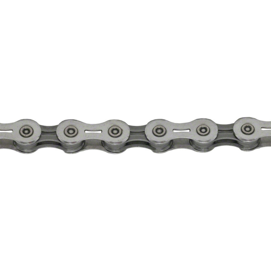Shimano CN-6701 10-speed bike chain showing metal links and branding, designed for smooth shifting on road and mountain bikes.