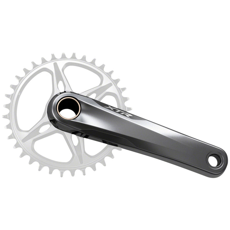 Shimano XTR FC-M9125 crankset with black arms and chainring, mountain bike crankset for rugged cycling performance.