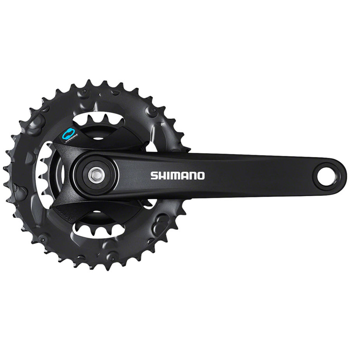 Shimano FC-M315 crankset with black arms and chainrings, designed for mountain bikes and bike enthusiasts.