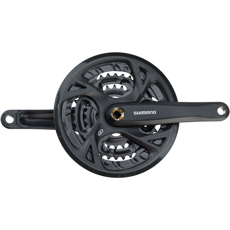 Shimano Altus FC-M371 crankset showing black crank arms and chainring for mountain bike or cycling use.