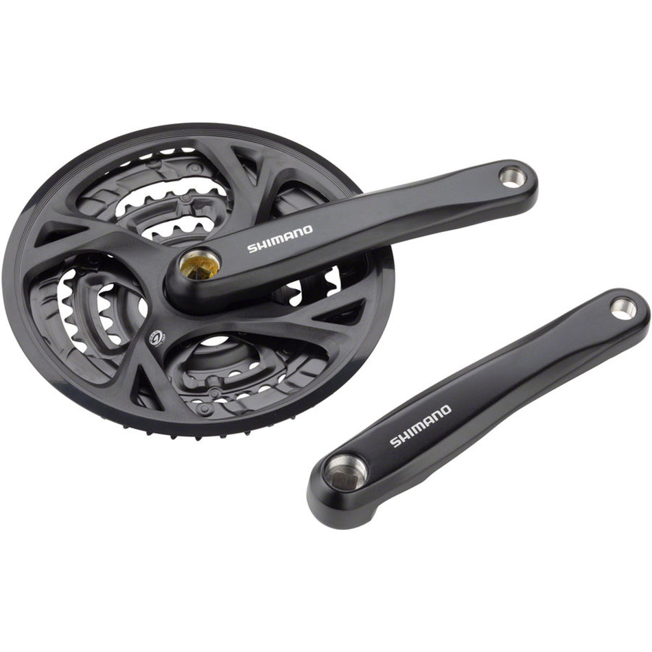 Shimano Altus FC-M371 crankset with double chainrings and crank arms, used for mountain biking and cycling.