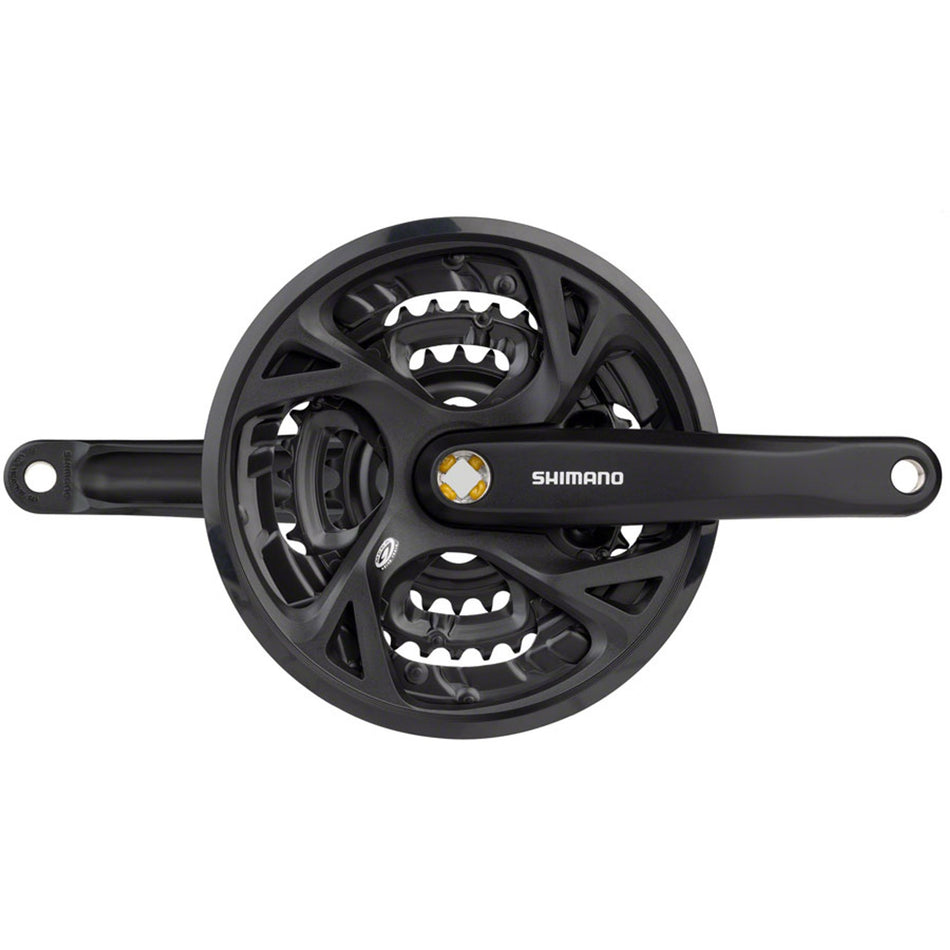 Shimano Altus FC-M371 crankset with two chainrings and black crank arms, shown from a side angle.