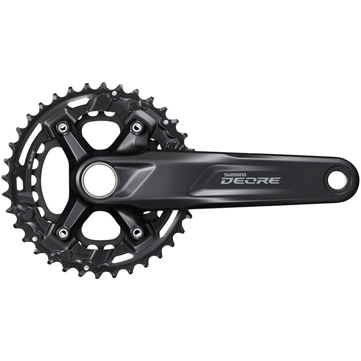 Shimano Deore M4100 crankset with black arms and chainring, designed for mountain bikes and off-road cycling.