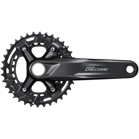 Shimano Deore M4100 crankset with black arms and chainring, designed for mountain bikes and off-road cycling.