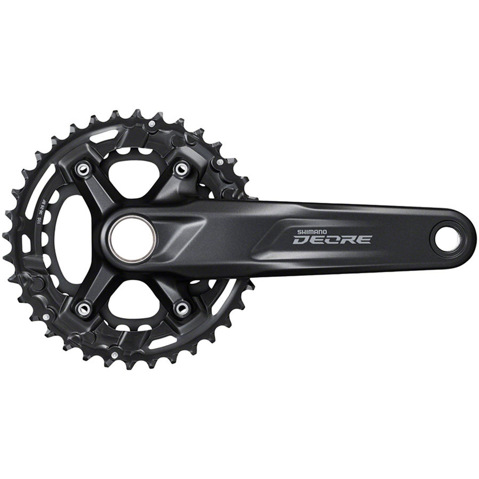 Shimano Deore M4100 crankset with black arms and chainring, designed for mountain bikes and off-road cycling.