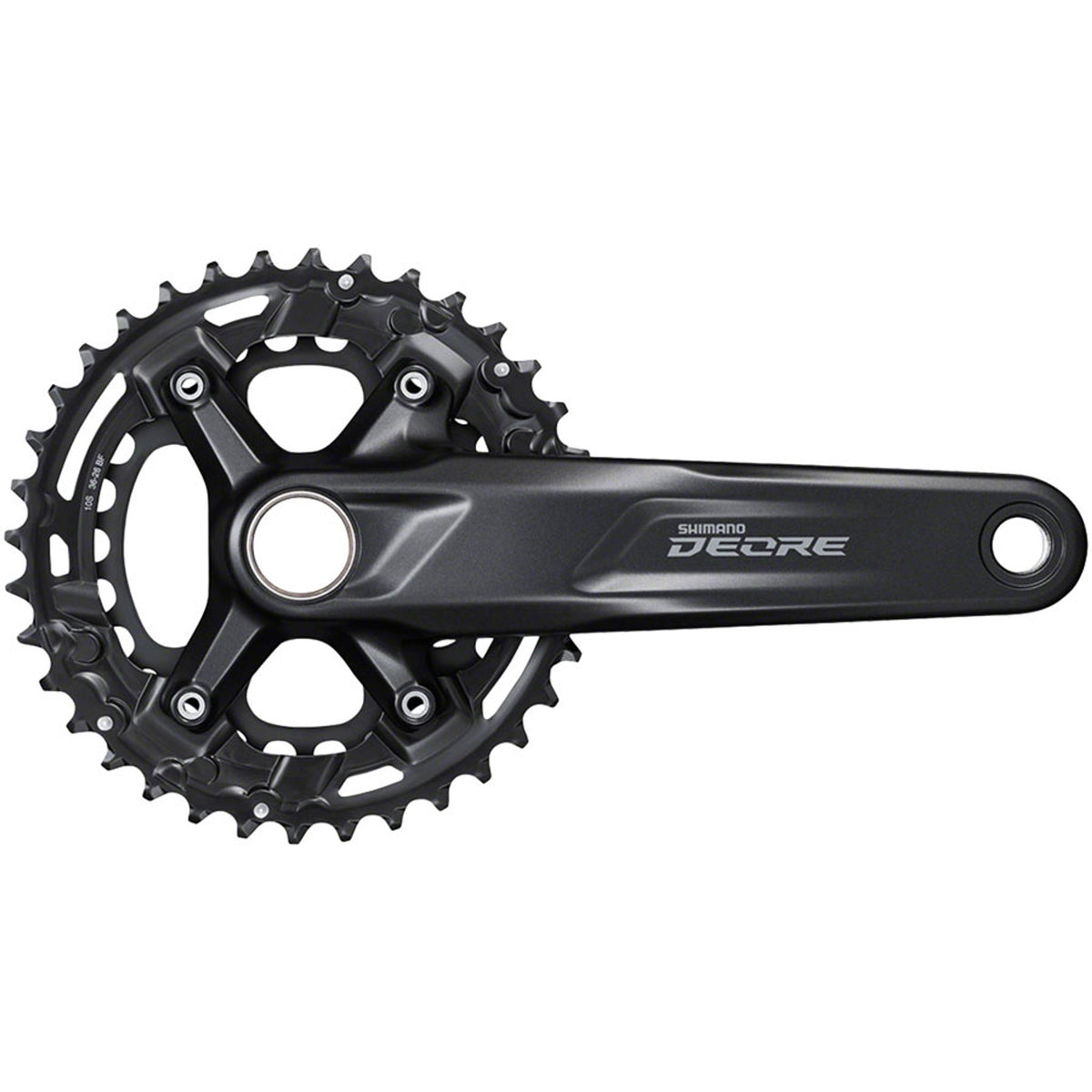 Shimano Deore M4100 crankset with black crank arms and chainring, mounted on a bike, showcasing durable mountain biking components.