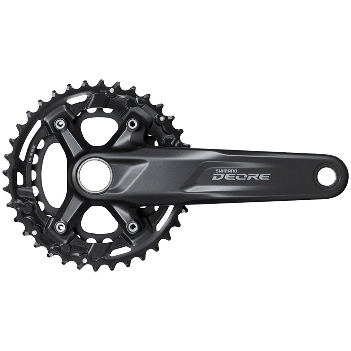 Shimano Deore M5100 crankset with black arms and silver chainring, designed for mountain bike use.