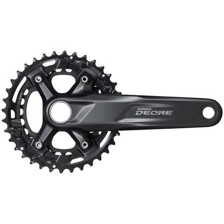 Shimano Deore M5100 crankset with black arms and silver chainring, designed for mountain bike use.