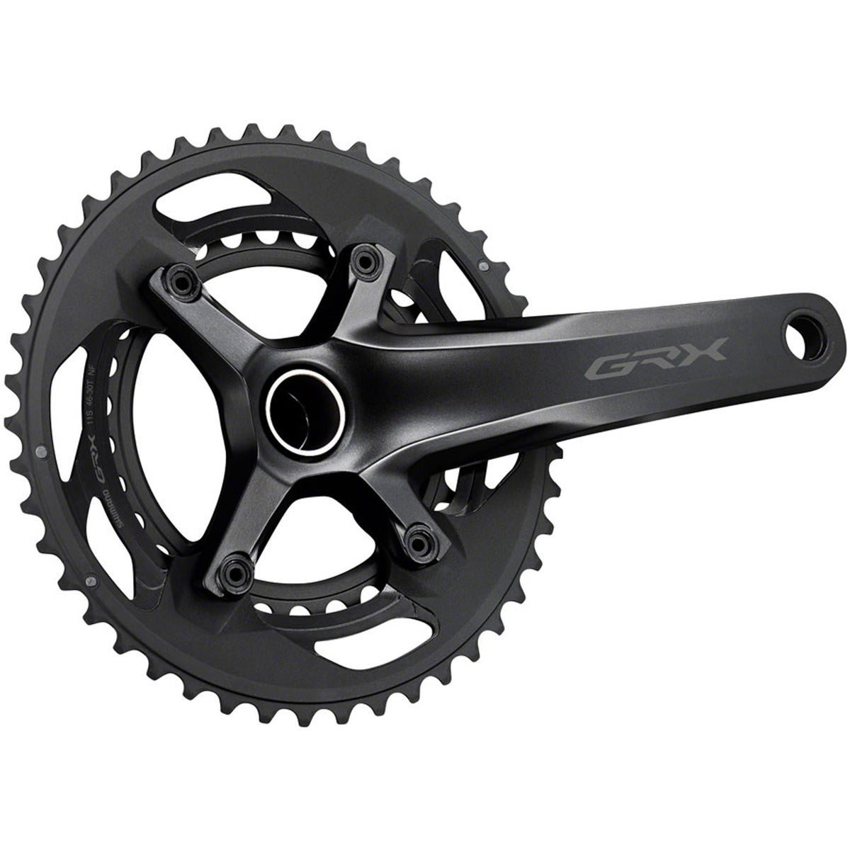 Shimano GRX FC-RX600 crankset with double chainrings and crank arms for gravel and adventure bikes.