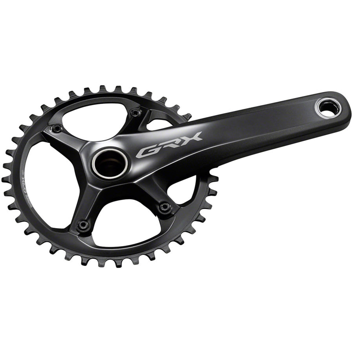 Shimano GRX FC-RX810 crankset with double chainrings and black finish, mounted on a bike drivetrain.