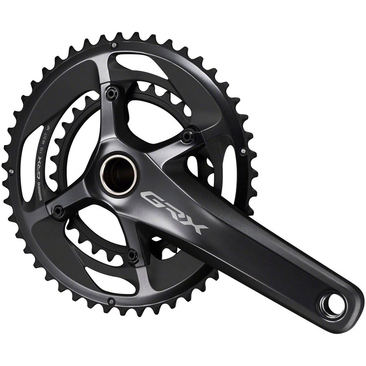 Shimano GRX FC-RX810 crankset with black arms and chainring for gravel bikes, showing the crank arm and chainring details.