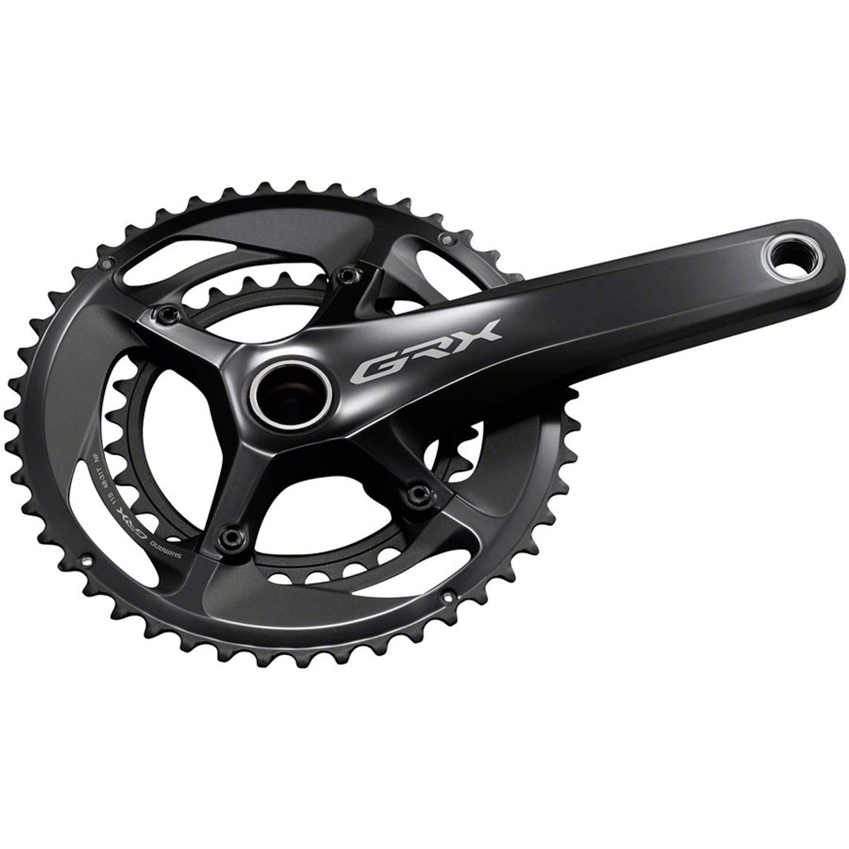Shimano GRX FC-RX810 crankset with double chainring for gravel bikes, featuring lightweight aluminum arms and integrated chain guard.