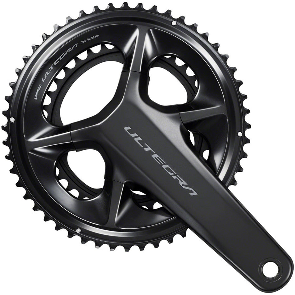 Shimano Ultegra FC-8100 12-speed crankset with black arms and chainrings, designed for high-performance road bikes.