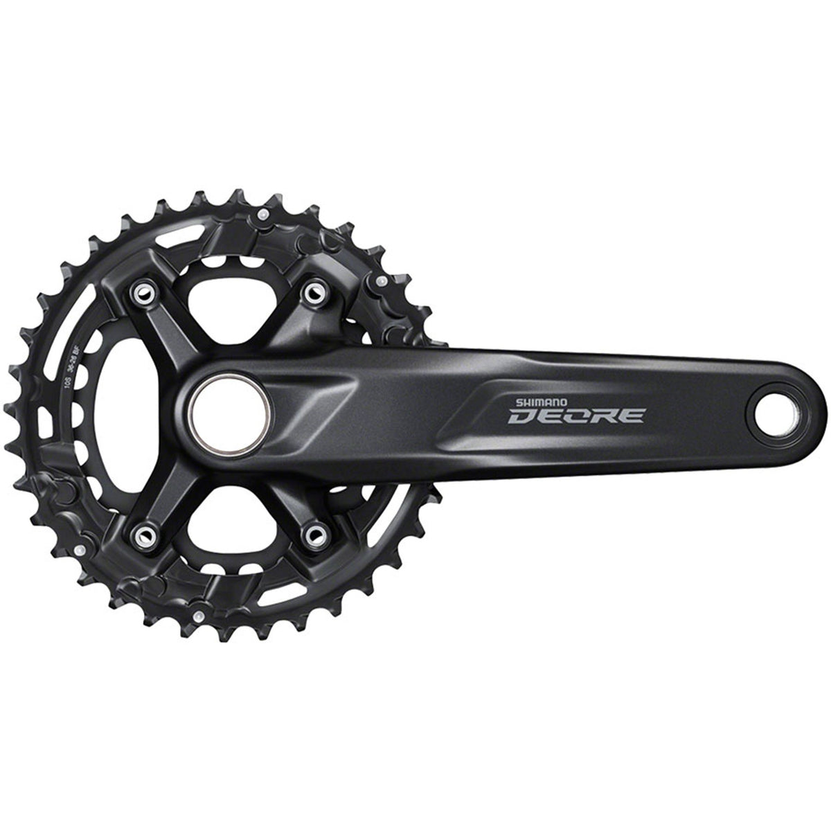 Shimano Deore M4100 crankset with black arms and chainring, designed for mountain bikes and durable cycling performance.