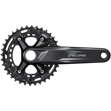 Shimano Deore M4100 crankset with black arms and chainring, designed for mountain bikes and durable cycling performance.
