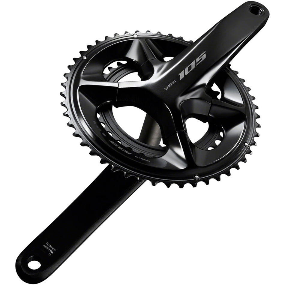 Shimano 105 FC-R7100 crankset with double chainrings, black finish, and integrated spider for road bike performance.