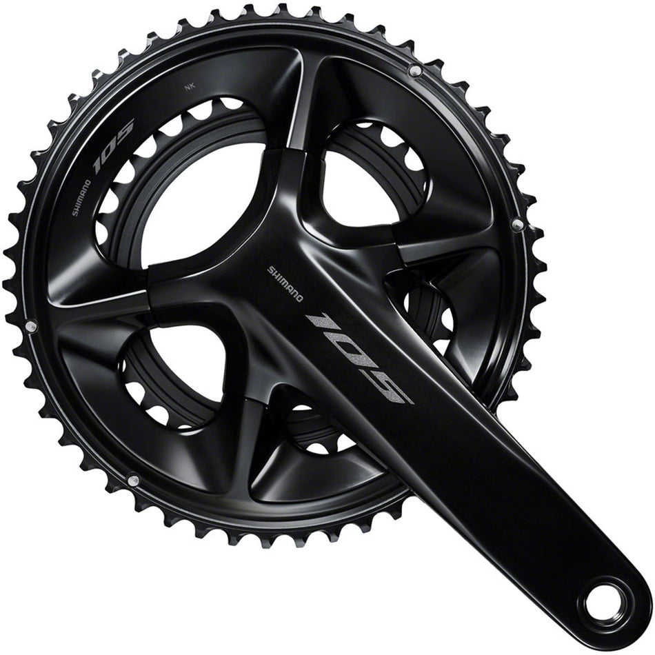 Shimano 105 FC-R7100 crankset with double chainrings, black finish, and integrated crank arms for road cycling performance.