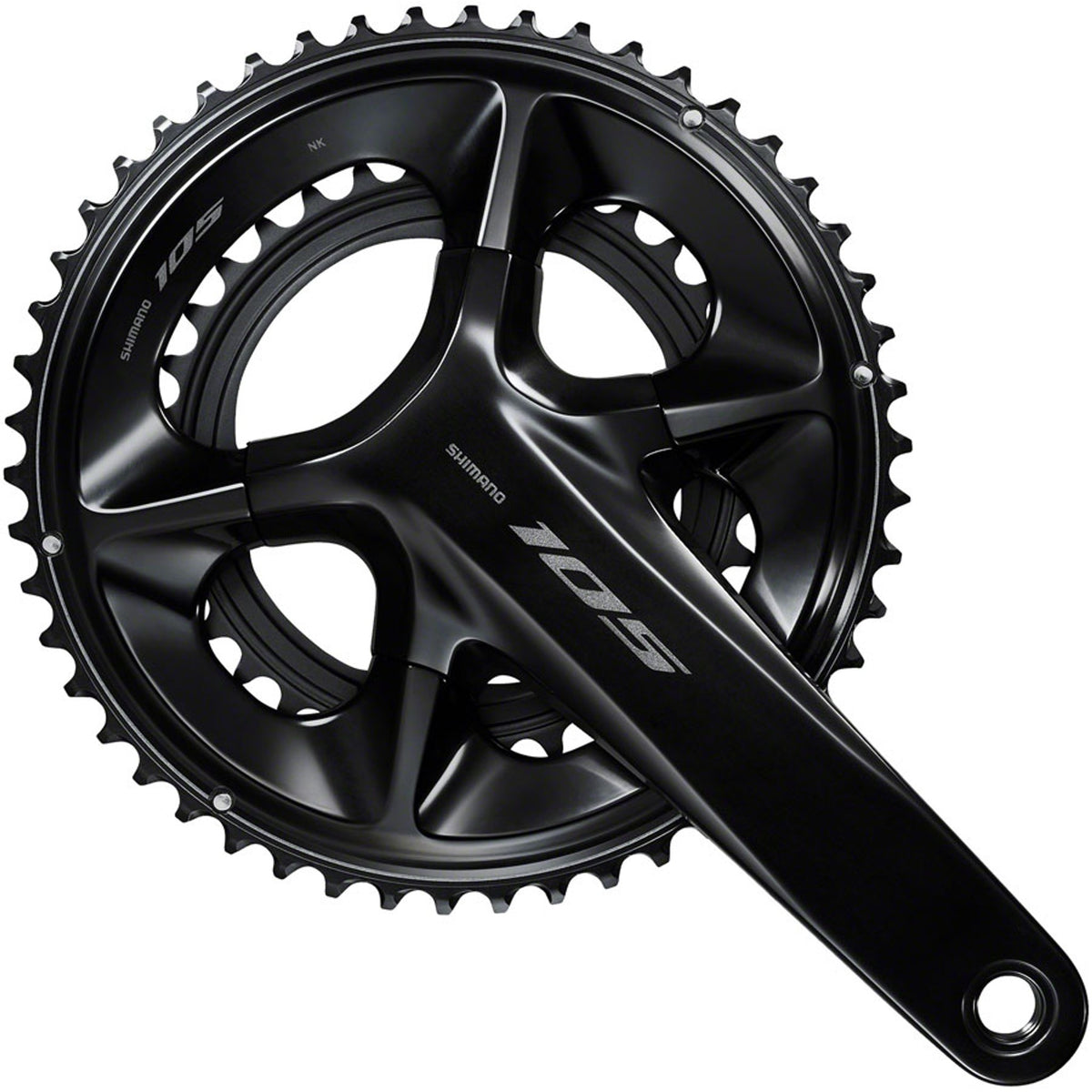 Shimano 105 FC-R7100 crankset with double chainrings and crank arms, designed for road bikes and high performance cycling.