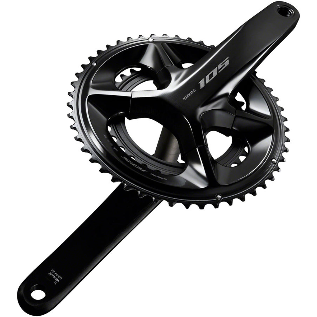 Shimano 105 FC-R7100 crankset with double chainrings for road bikes, featuring lightweight, durable crank arms and modern design.