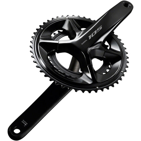 Shimano 105 FC-R7100 crankset with double chainrings for road bikes, featuring lightweight, durable crank arms and modern design.