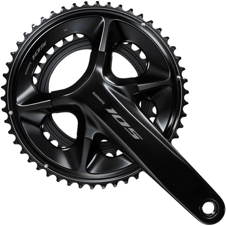 Shimano 105 FC-R7100 crankset with double chainrings, lightweight aluminum crank arms, and integrated chainring bolts.