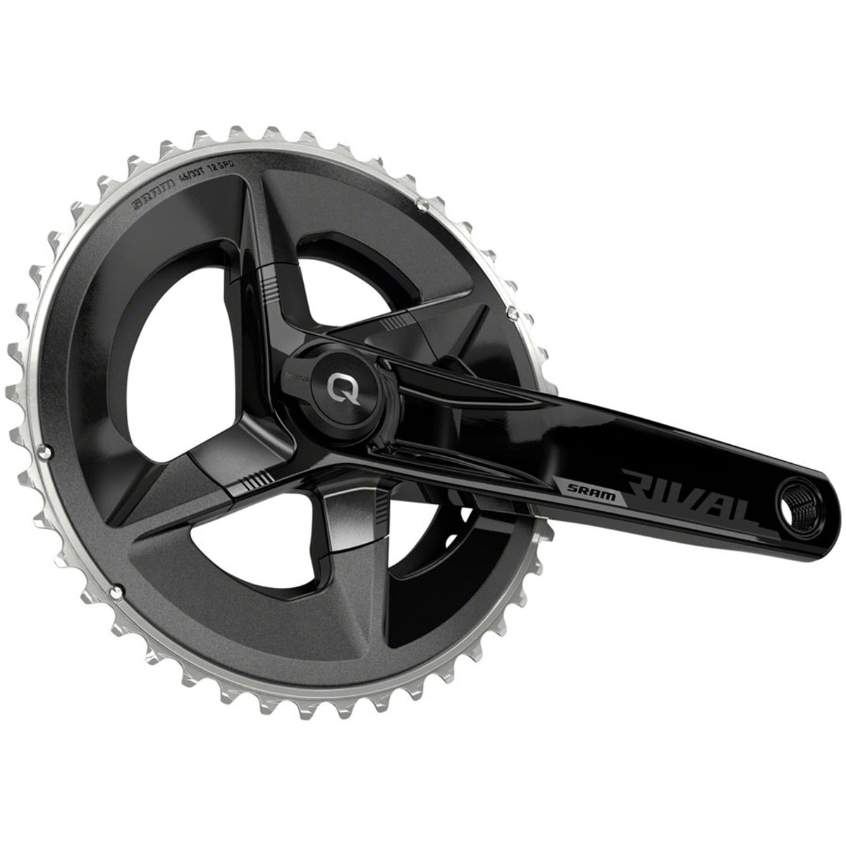 SRAM Rival AXS power meter crankset with 12-speed, black finish, 107 BCD, DUB spindle, and D1 interface for road bikes.