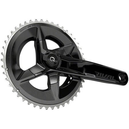 SRAM Rival AXS power meter crankset with 12-speed, black finish, 107 BCD, DUB spindle, and D1 interface for road bikes.