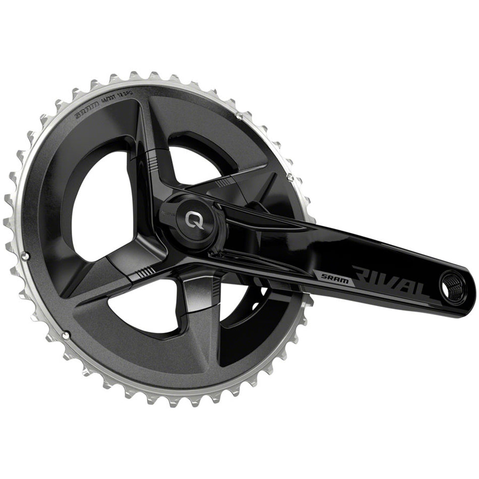 SRAM Rival AXS power meter crankset with 12-speed, black finish, 107 BCD, DUB spindle, and D1 interface for road bikes.