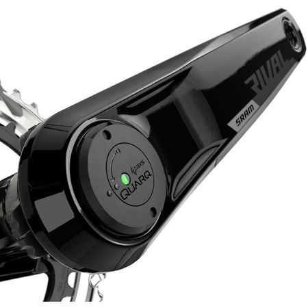 SRAM Rival AXS power meter crankset in black with 12-speed DUB spindle, 107 BCD, and D1 interface, shown from side view.