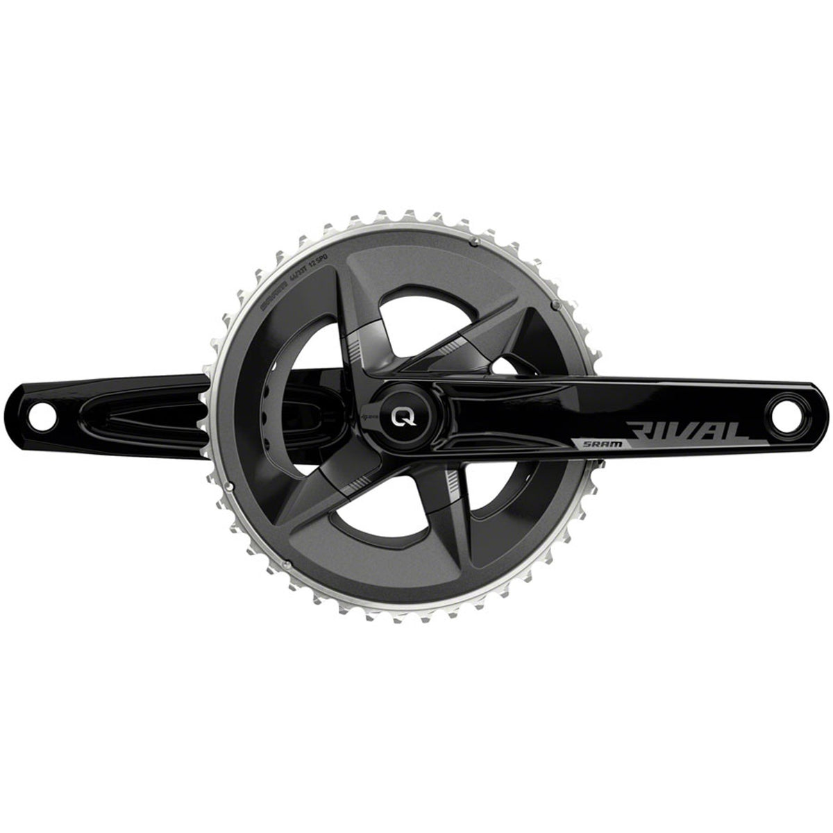 SRAM Rival AXS power meter crankset with 12-speed, 107 BCD, DUB spindle, black crank arms, and D1 interface for road bikes.