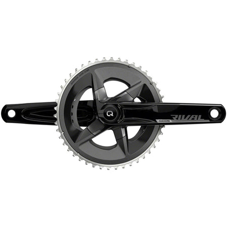 SRAM Rival AXS power meter crankset with 12-speed, 107 BCD, DUB spindle, black crank arms, and D1 interface for road bikes.