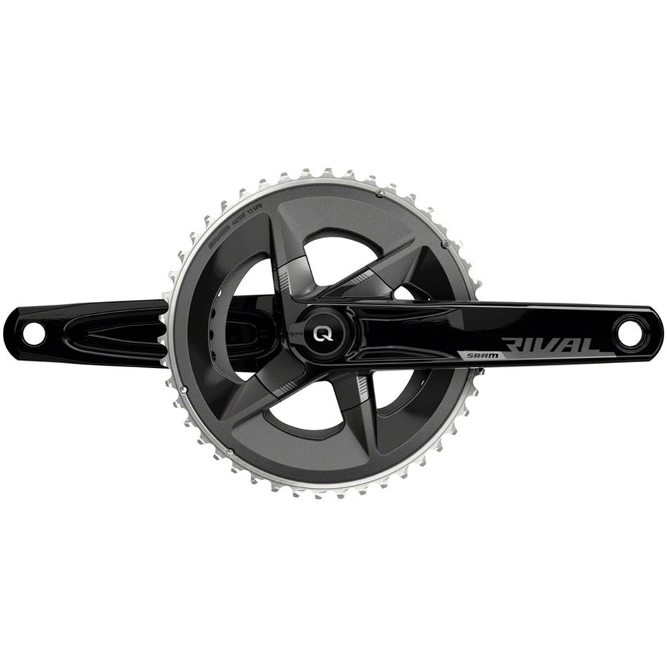 SRAM Rival AXS power meter crankset with 12-speed, 107 BCD, DUB spindle, black crank arms, and D1 interface for road bikes.