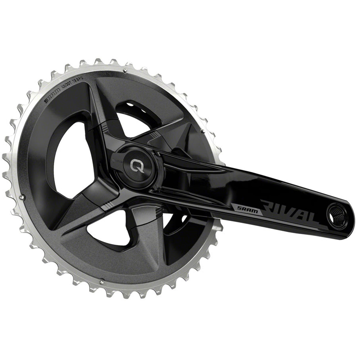 SRAM Rival AXS wide power meter crankset in black with 12-speed DUB spindle interface and D1 integration, shown from side angle